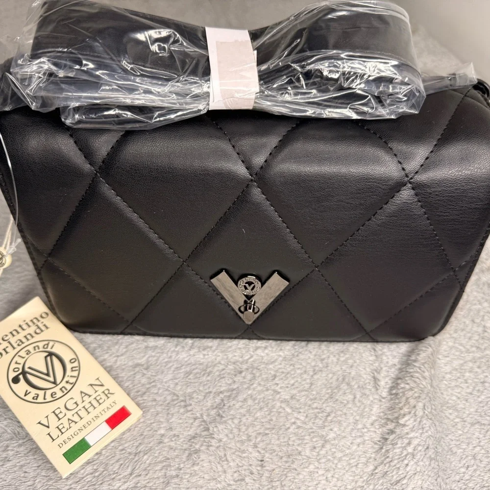 Valentino Orlandi Quilted Crossbody Bag Black Vegan Leather Gunmetal NWT